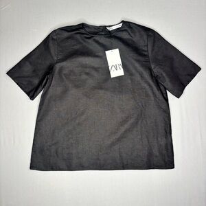 Zara Black Short Sleeve Linen Cotton Blend Button Up Cropped Shirt Women’s Large